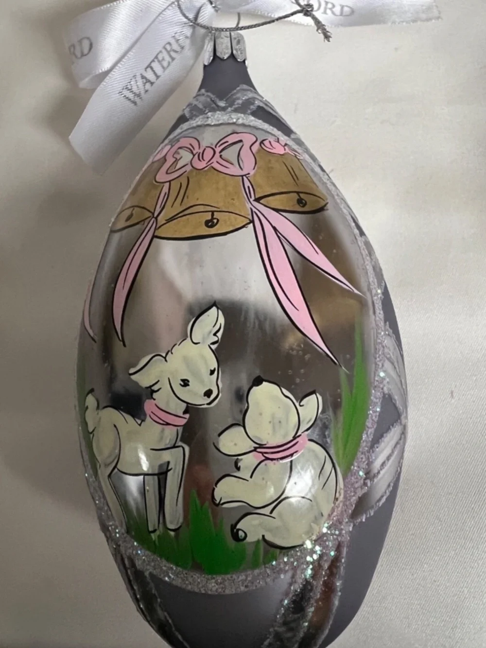 WATERFORD HEIRLOOMS ORNAMENT LARGE TEARDROP WITH PLAYING LAMBS/BELLS RETIRED